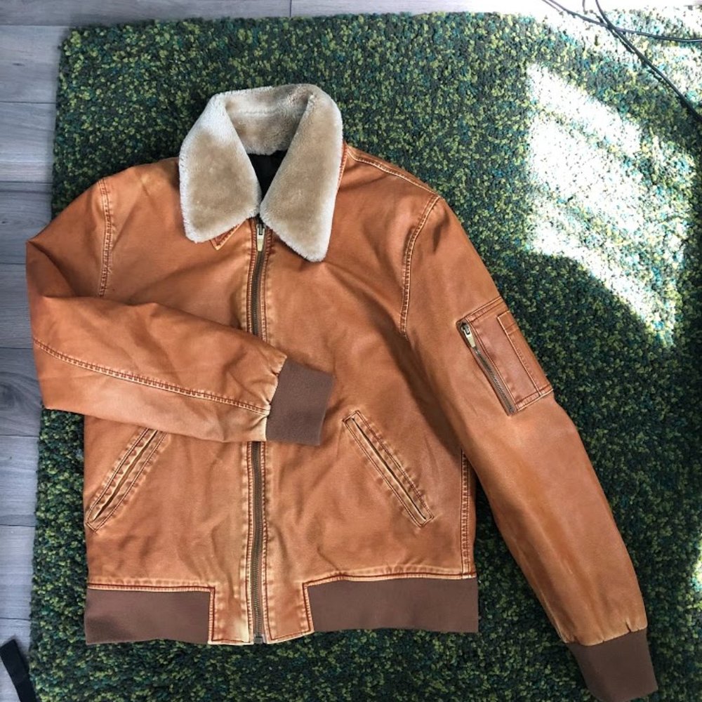 Zara Men XL Brown Faux Leather Bomber Jacket